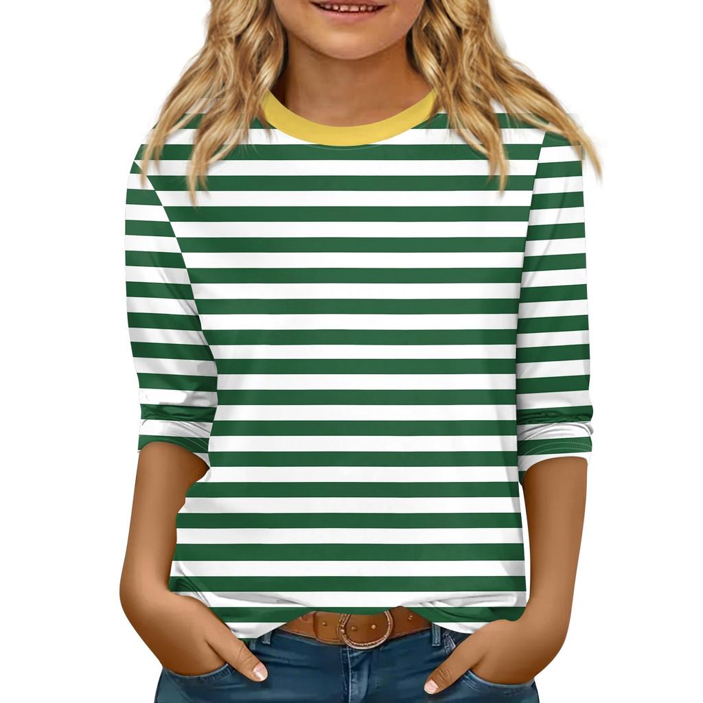 Children's 3/4 Sleeve Tops Casual Print T Shirt Round Neck Pullover Blouse