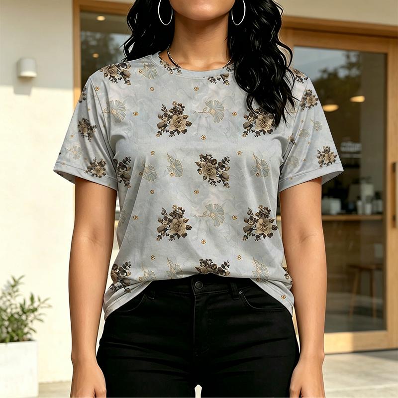 Women's Floral Short Sleeve Tee Basic Versatile Soft Casual Top for Daily Shopping & Outings