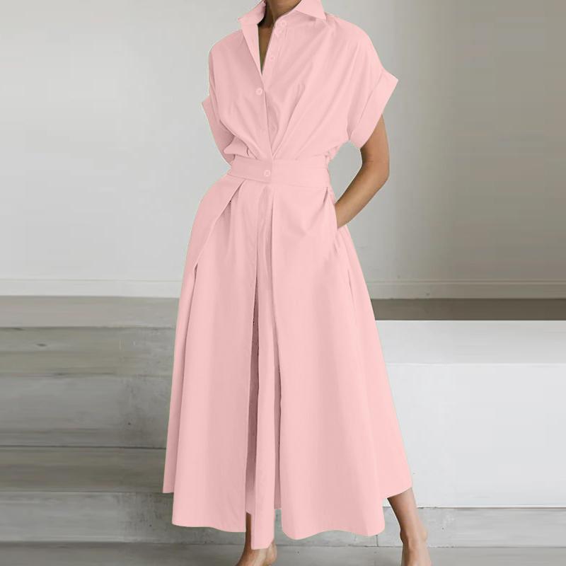 ZANZEA Женское повседневное длинное платье-рубашка с отложным воротником и коротким рукавом