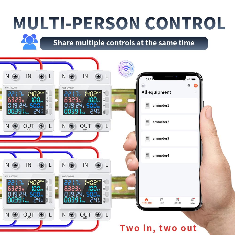 Tuya WiFi 8in1 Счетчик мощности 2P AC Счетчик энергии Управление через приложение 170-270 В/63 А Счетчик напряжения и тока Счетчик электроэнергии Умная жизнь