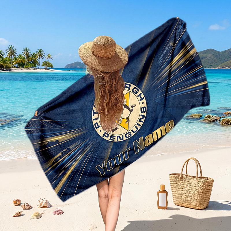 Pittsburgh Penguins Customized Name Text Beach Towel, Soft Absorbent Towel Beach Pool Travel Personal Gift