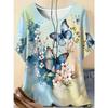 Crew Neck Pleated Neckline Short-sleeved T-shirt Watercolor Large Flower Full Print Light Beach Vacation Loose Meat Cover Top Women