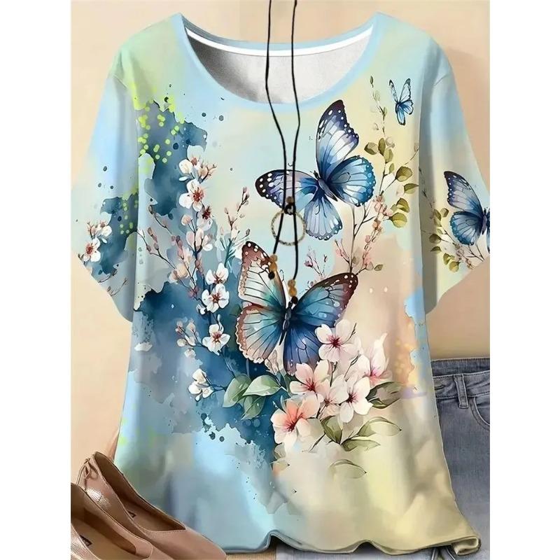 Crew Neck Pleated Neckline Short-sleeved T-shirt Watercolor Large Flower Full Print Light Beach Vacation Loose Meat Cover Top Women