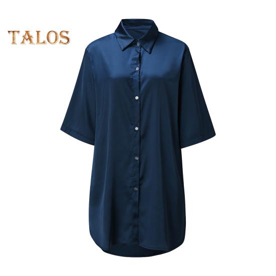 Женская летняя ночная рубашка с коротким рукавом, рубашка с отворотом, однобортная, свободная, сплошной цвет, атласная, свободная, с разрезом подол, домашняя одежда, платье для сна, ночная рубашка