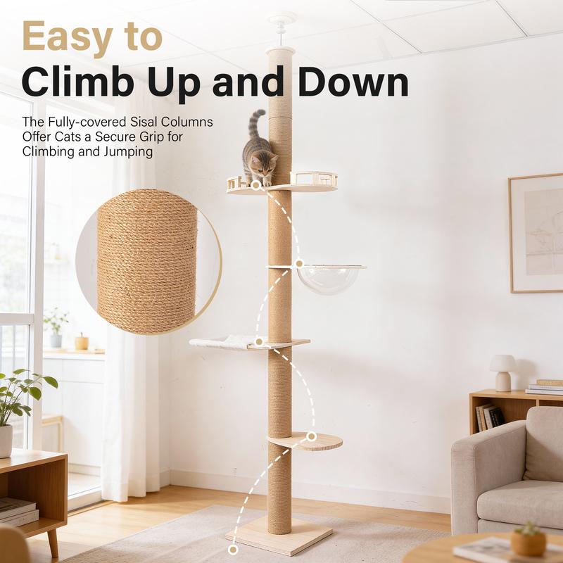 Floor to Ceiling Cat Tree 102-104 in Adjustable Height, Solid Wood Multi-Level Cat Tower with Scratch Post and Hammock for Large Indoor Cats
