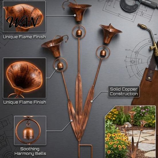 Wind Chime Garden Stake 2 Pcs Flamed Copper Three Calla Lilies with Bells, Handmade Rain Catcher Lily Flower, Metal Plant Yard Art, Rustic Ornament