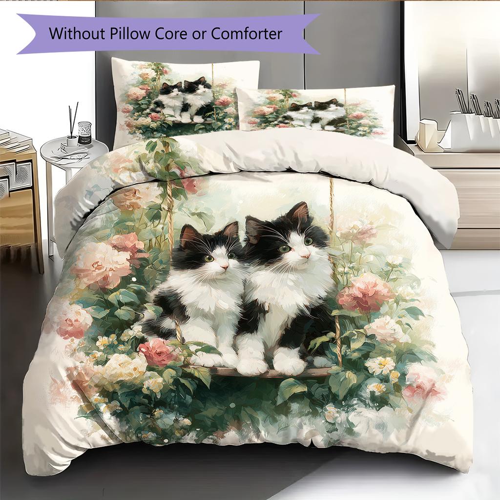 Beautiful Cow Cat Pattern Bedding Home Decoration Birthday Gift (1 * duvet cover + 2 * pillowcase, without core)