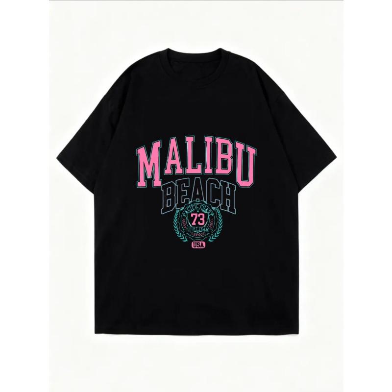 Белая футболка оверсайз с графическим принтом Malibu Beach, с розовым и синим текстом и логотипом 73, летняя повседневная одежда для женщин