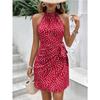 Summer Halter Neck Zip Sleeveless Floral Ruched Mini Dress for Women, Y2K Trendy Streetwear