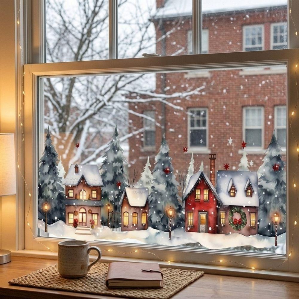 2D Flat Pattern Christmas Village Window Stickers Snowy Town Window Cling Window Display