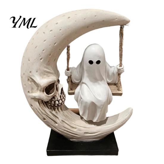 Window Display Decor Halloween Ghost Swing Figurine, Spooky on A Moon Statue, Personalized Birthday Present Resin Gothic Home Decoration for Desktop,