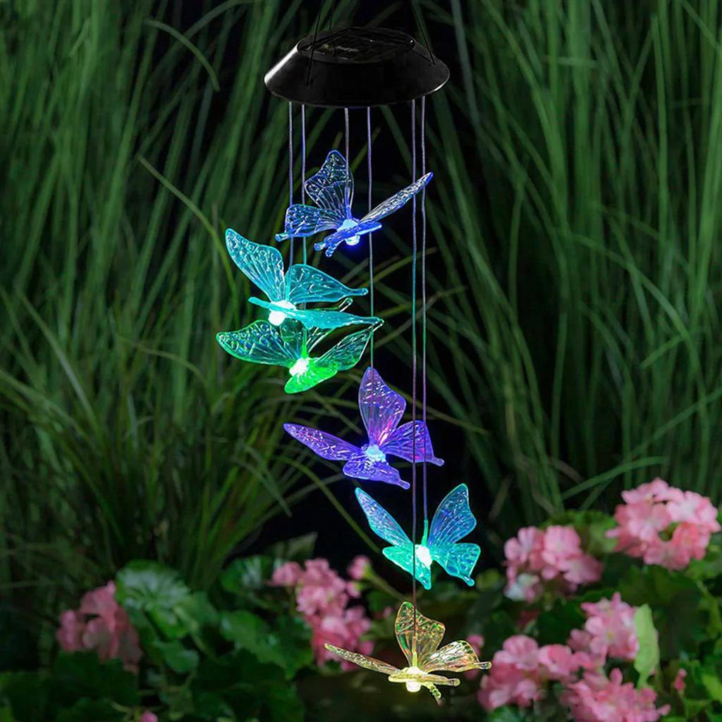 Butterfly Solar Wind Chime Light Multicolor Light Waterproof Chandelier with Bell for Garden Home Yard Lawn Decoration