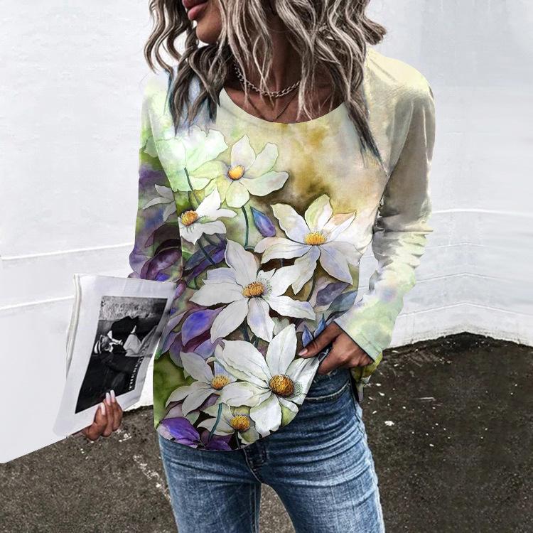 Весенне-осенний топ с круглым вырезом, цветочным узором и 3D-принтом, модный, повседневный, в стиле ретро, с длинными рукавами, женские футболки