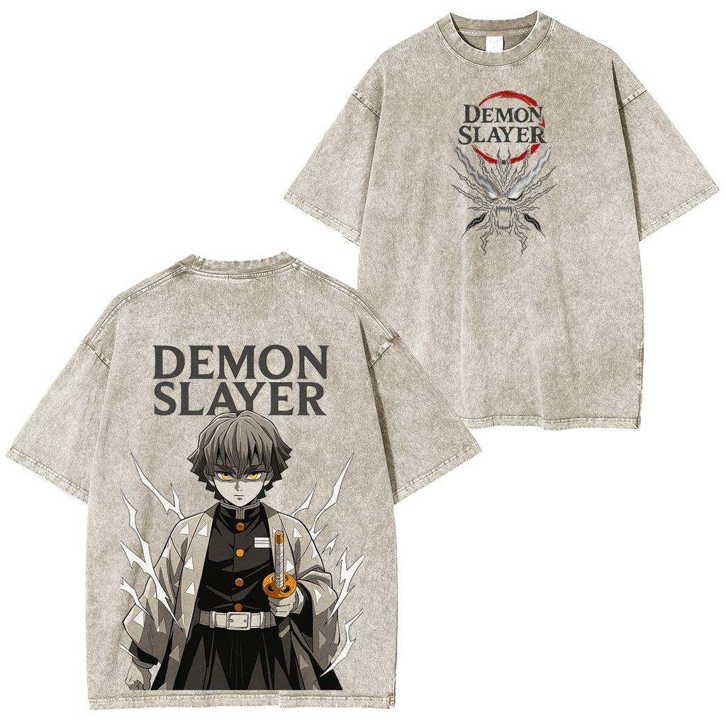 Summer New Streetwear Anime Washed Demon Slayer T Shirt Unisex Women Short Sleeve Graphic Tee Harajuku Loose Casual Top Y2k Clothes