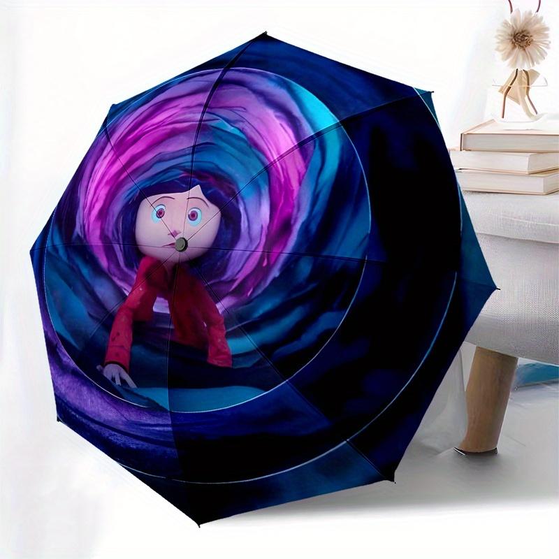Coraline, Tunnel Automatic folding umbrella simple eight rib design, bright color pattern, durable iron frame, ideal for travel and outdoor