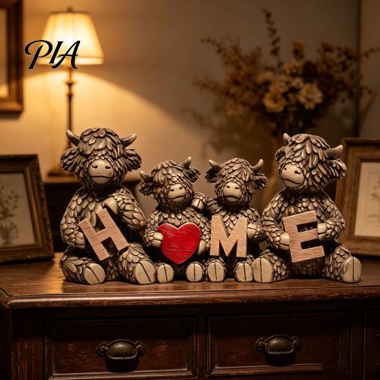 Healing Gift for Friends Highland Cow Family Figurine, Resin Cattle Statue Holding HOME Letter Sign, Decorative Accents Bookshelf Farmhouse