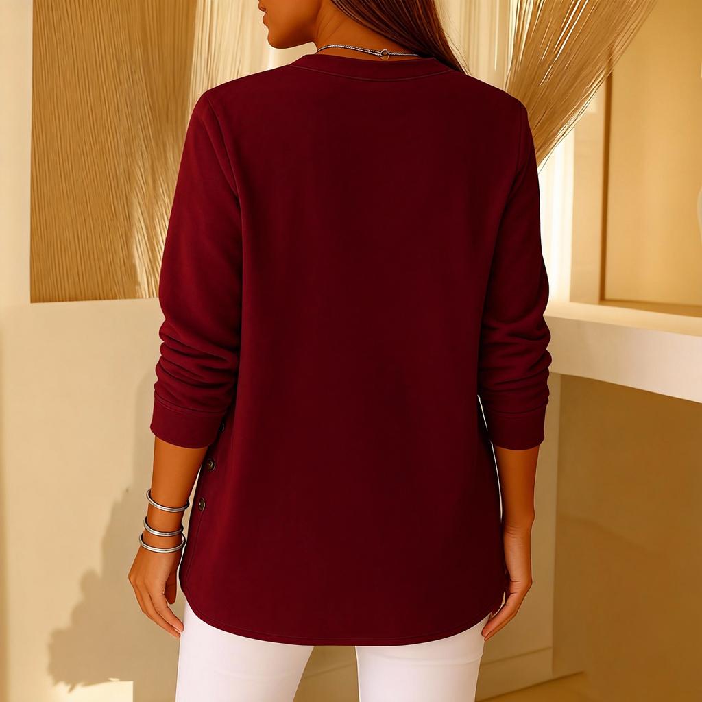 Women's Solid Color Button Long-sleeved Casual Loose Pullover Top