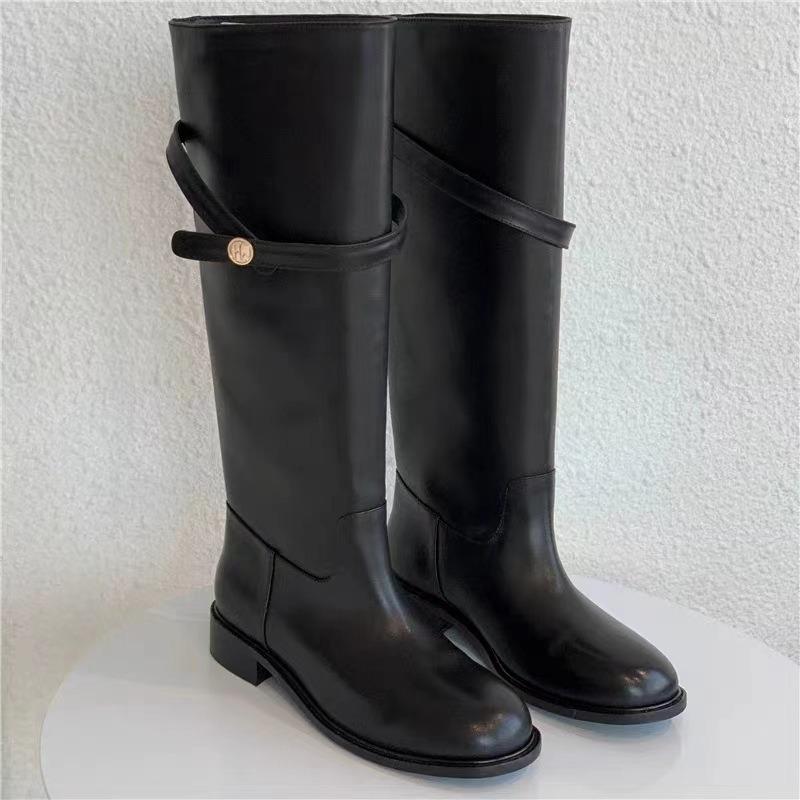 Cowhide Version Retro Small Gold Buckle Leather Platform Boots Women's Belt Buckle Thick Heel Knight Boots Tall Boots Long Boots