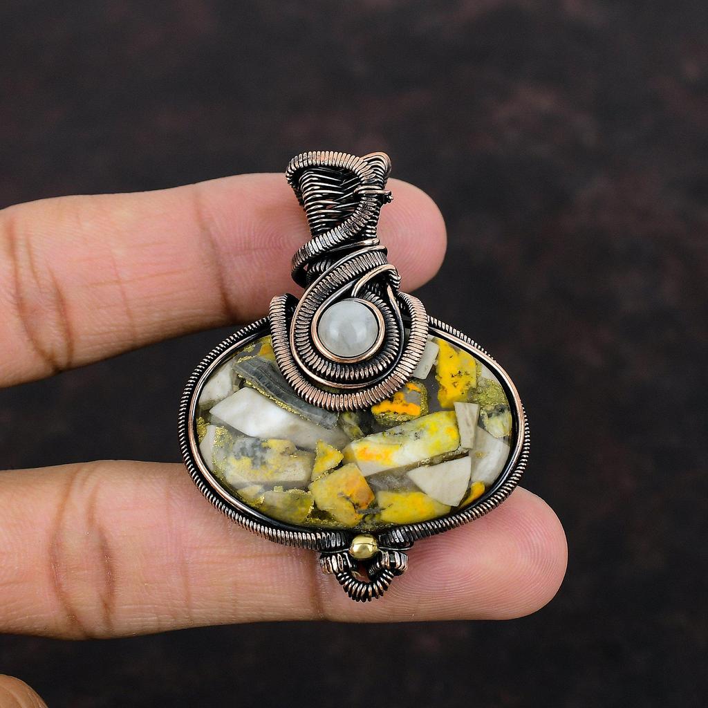Copper Bumble Bee Jasper Pendant Copper Wire Wrapped Pendant Handmade Gemstone Pendant Rainbow Moonstone Pendant Copper Wire Wrapped Jewelry