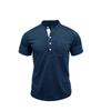 Men Black Stand Collar Henley Neck Short Sleeve T Shirt With Chest Pocket Casual Summer