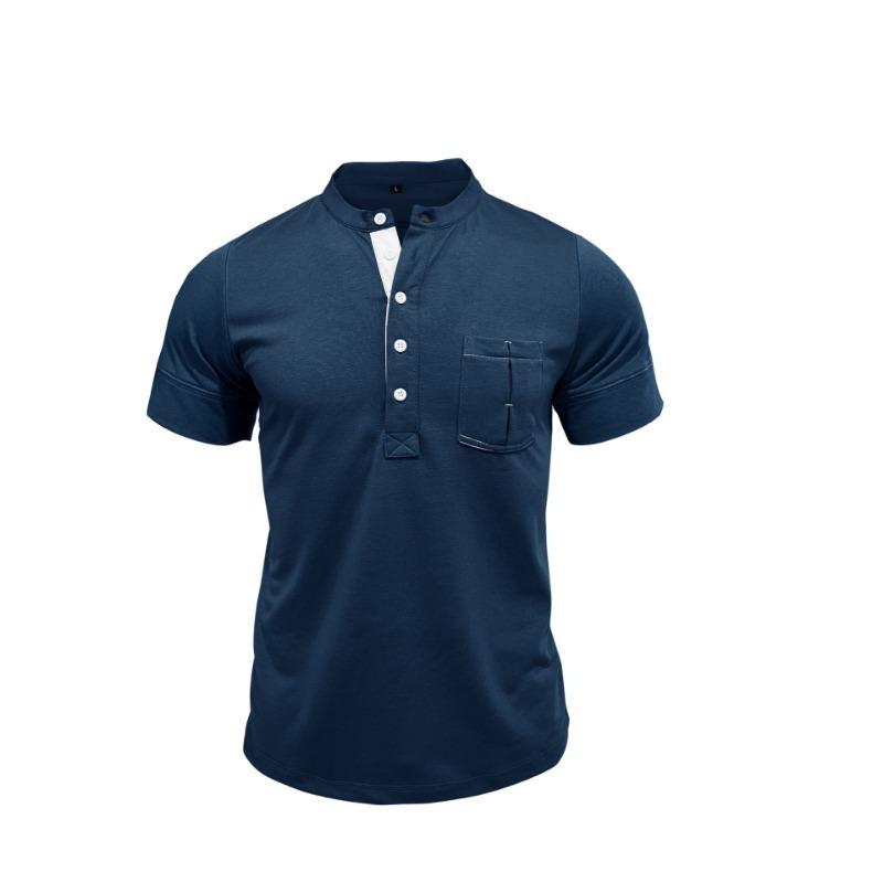 Men Black Stand Collar Henley Neck Short Sleeve T Shirt With Chest Pocket Casual Summer