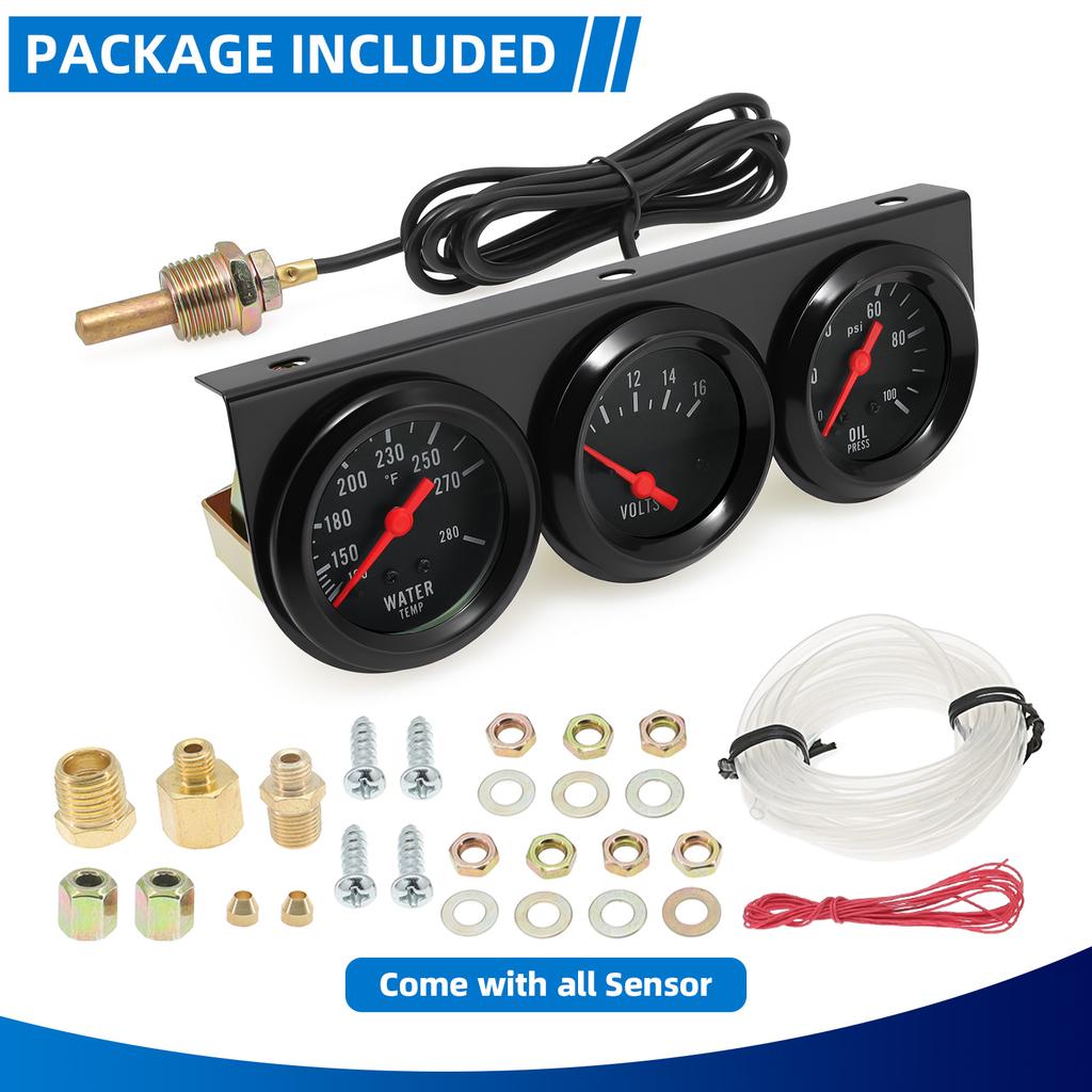 3 in 1 Triple Gauge Set 100-280℉ Water Temp 0-100 PSI Oil Pressure 8-16V Voltage Gauge With Sensor Black/White Dashboard
