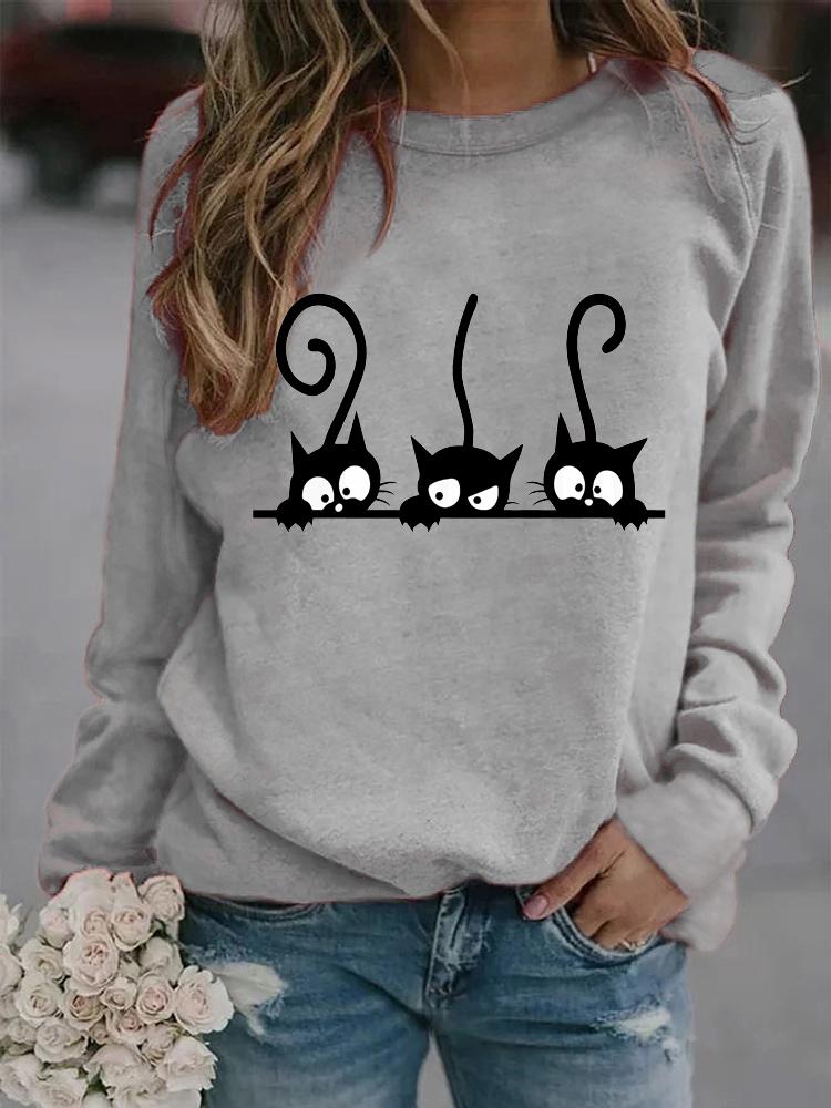 Женские зимние свободные толстовки с длинными рукавами и круглым вырезом, черные кошки с принтом, топы и блузки, футболки больших размеров