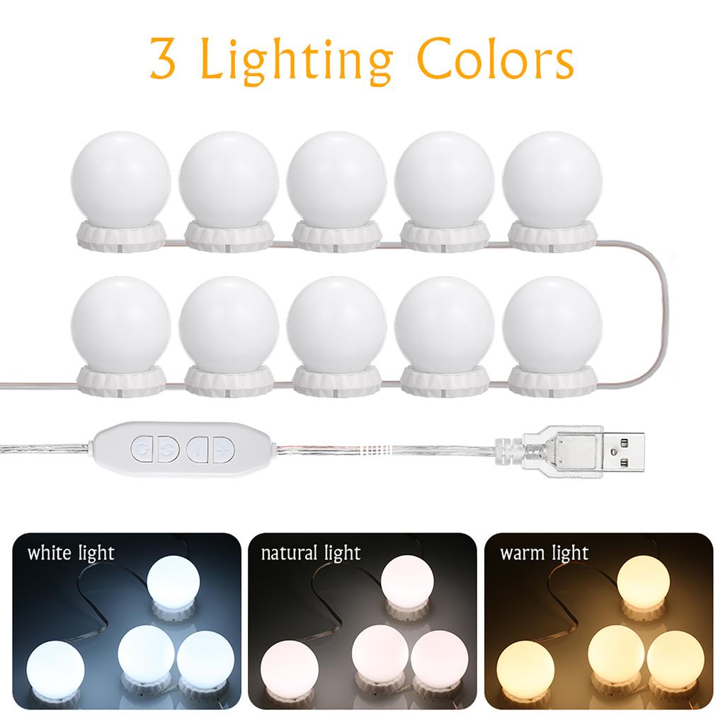 Vanity LEDs Mirror Lights Kit with 10 Bulbs Adjustable 10 Brightness & 3 Lighting Modes USB Mirror String Light for Makeup Dressing Table