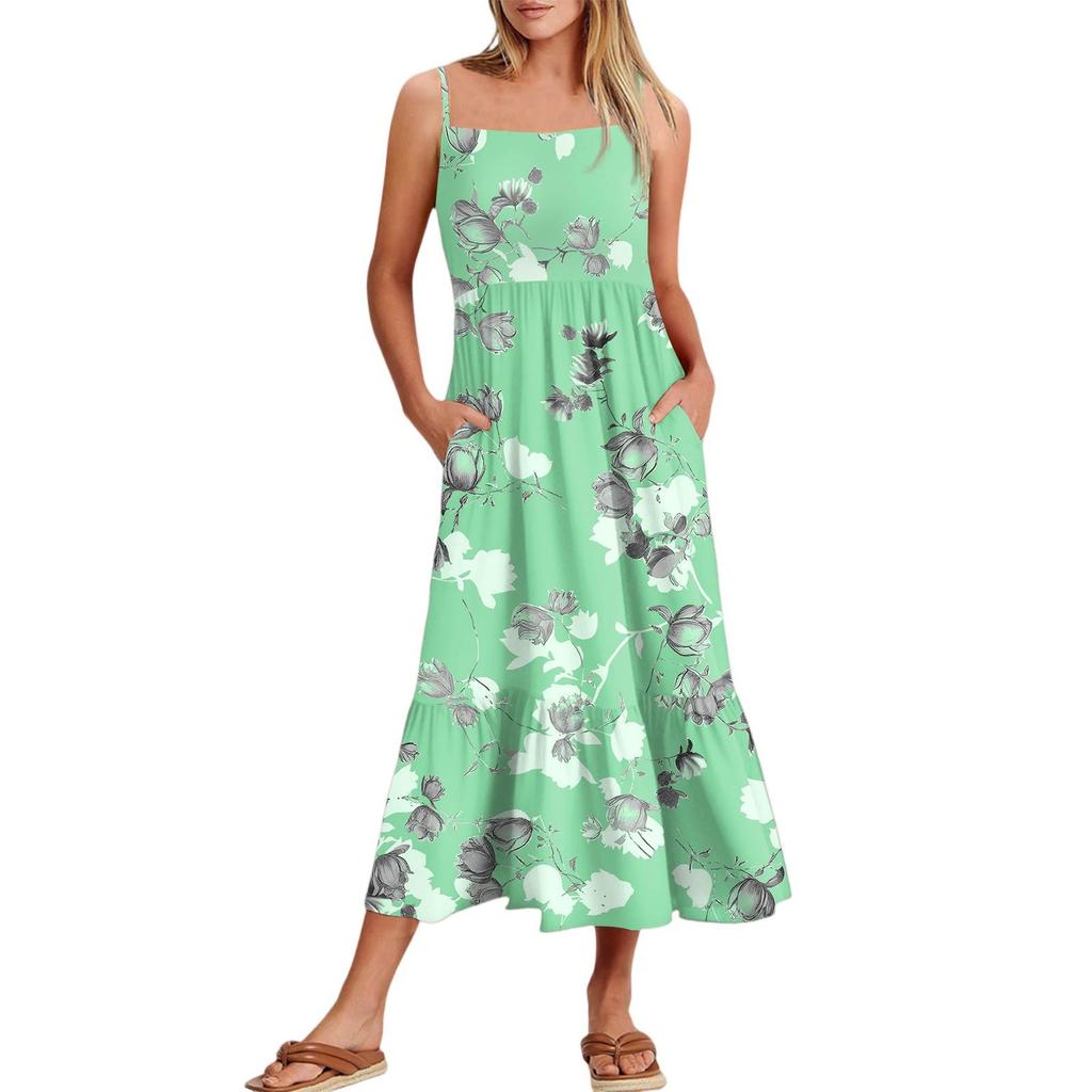 Women's Summer Spaghetti Strap Patchwork Beach Vacation Floral With Pocket Dresses