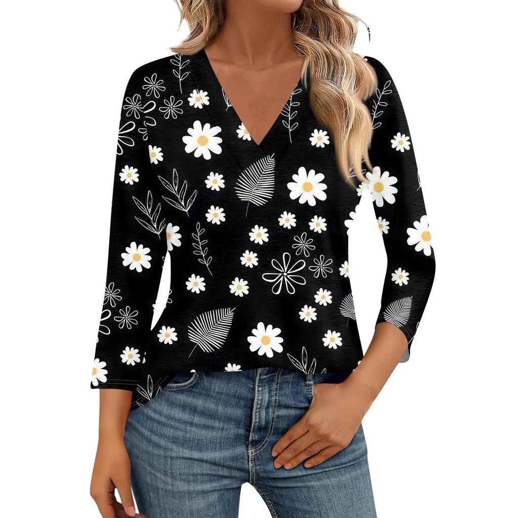 Женские рубашки с рукавом 3/4, топы с принтом и V-образным вырезом, повседневные топы, базовые футболки, блузки, свободные топы