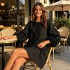 Floral Mini Dress 3D Flowers Long Sleeve for Women, Solid Color Loose Fit Dress, Lantern Casual Short Fall with