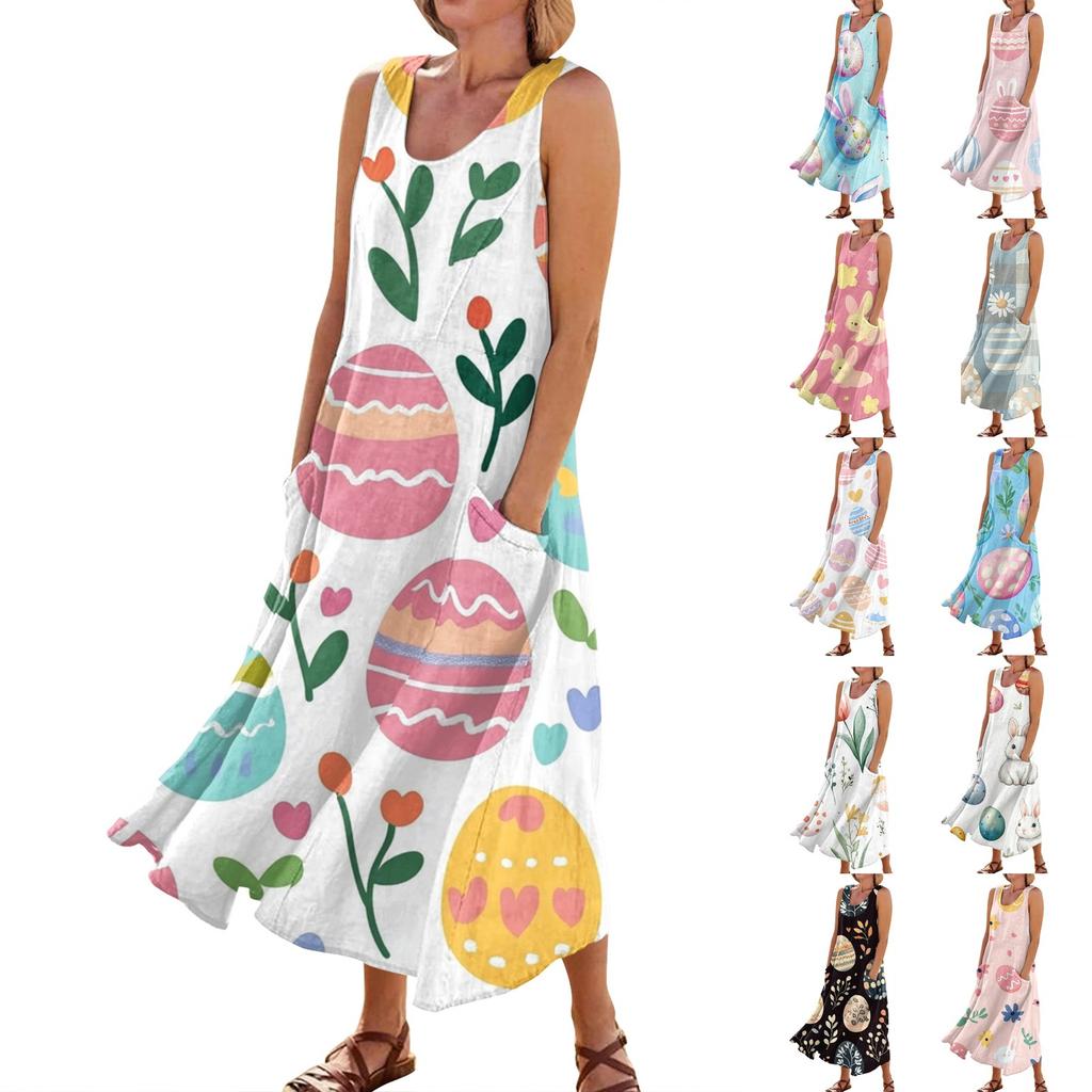Women's Summer Casual Fashion Easter Printed Sleeveless Round Neck Pocket Dress