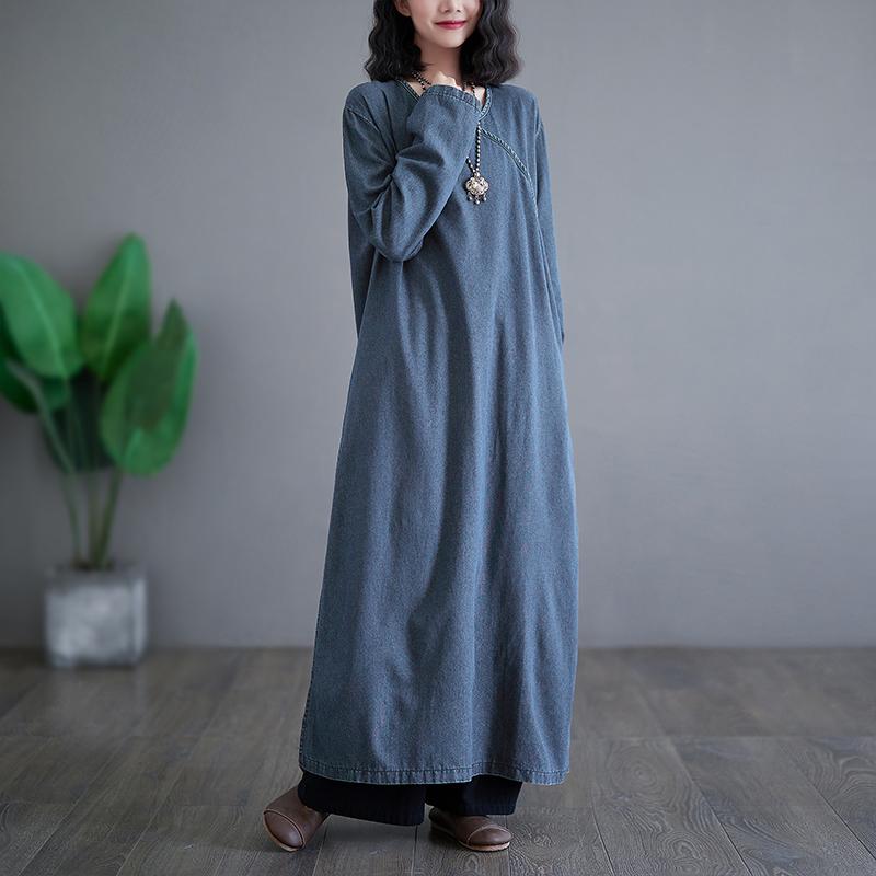 Spring Women Denim Dress Cotton Casual Vintage Loose Oversized Dress Long Sleeve Basic