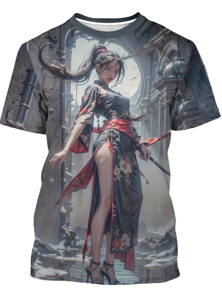 Мужская футболка с 3D-принтом "Курящая монашка" Черная Повседневная Летняя С круглым вырезом С коротким рукавом Модная Полиэстер Уличная одежда Футболка Ретро Одежда