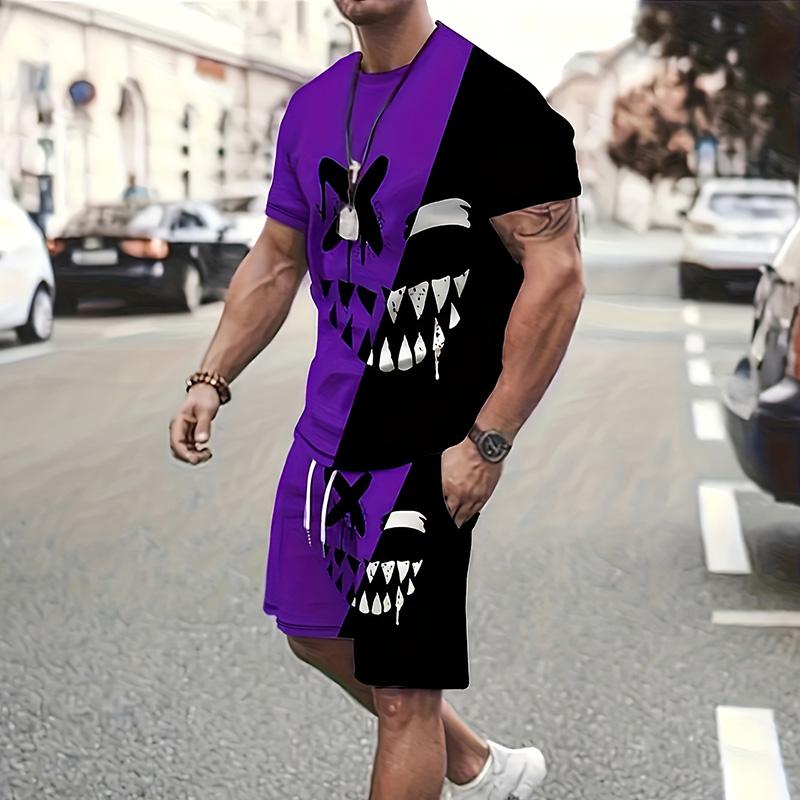 Мужской костюм, летний повседневный дышащий освежающий костюм с принтом 3D Evil Face, большой мужской свободный топ, модный с короткими рукавами