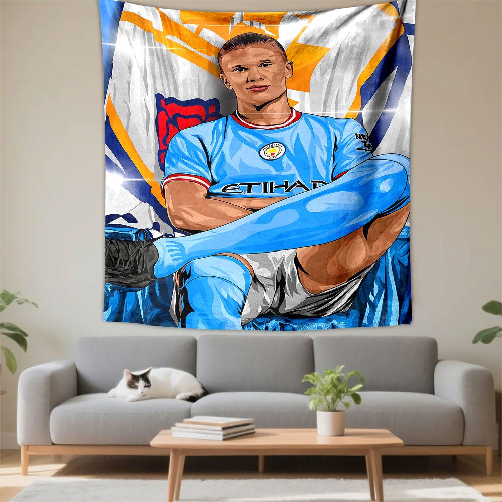 Erling Haaland Manchester City Soccer Player Illustration Wall Tapestry Light Blue Jersey Fan Decor for Boys Room Gift