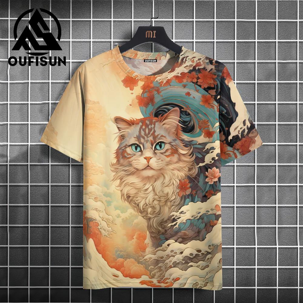 Men's T-shirt Japanese Style Ukiyo-e Cat Pattern Printed T-shirt