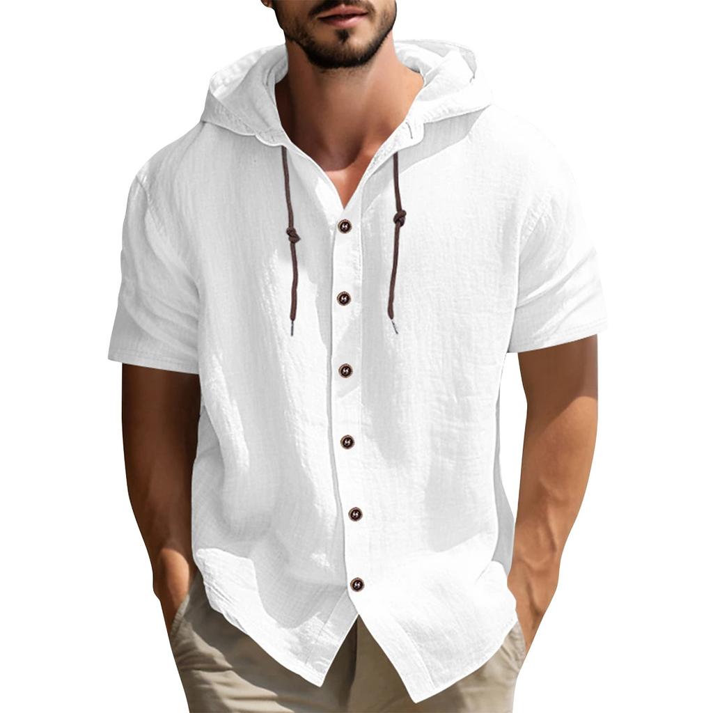 Men's Solid Color Casual Short Sleeved Shirt With Hood And Drawstring Cotton And Linen Cardigan