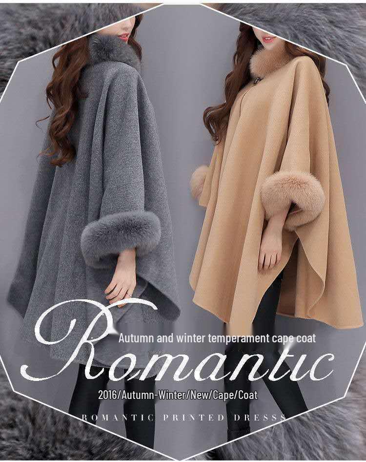 Hepburn Style Mid-Length Wool Coat with Imitation Fur Collar for Women