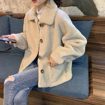 Женское зимнее пальто с отложным воротником и карманами, однобортное, из плотного флиса, свободного кроя, с длинными рукавами, для повседневной носки на открытом воздухе