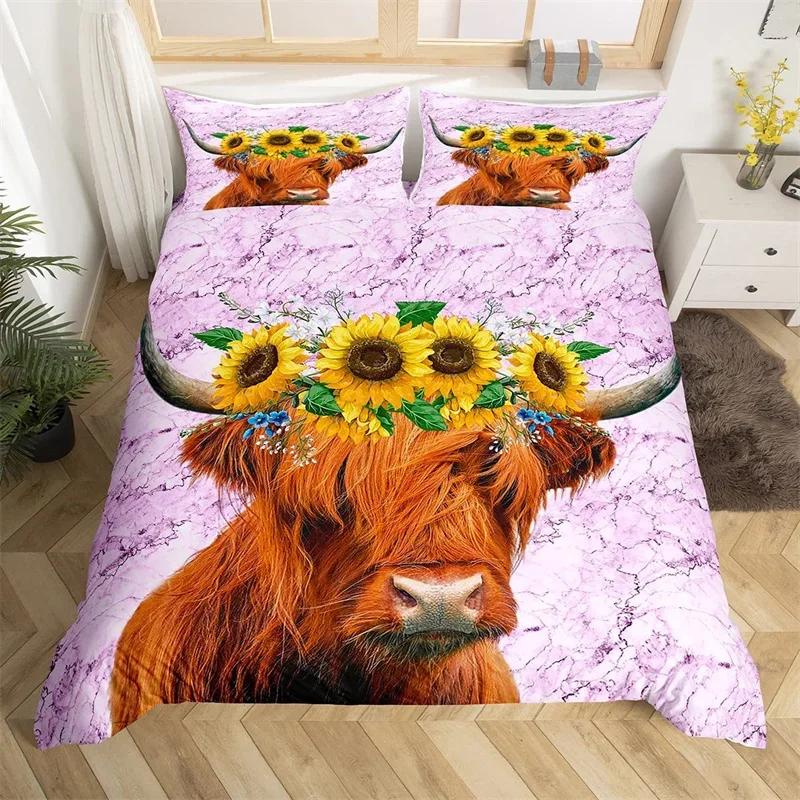 Пододеяльник Хайлендский скот Бык Подсолнух Корова Постельное белье Королева Для мальчиков Мужчин Микрофибра Дикая природа Фермерский дом Животное Покрывало