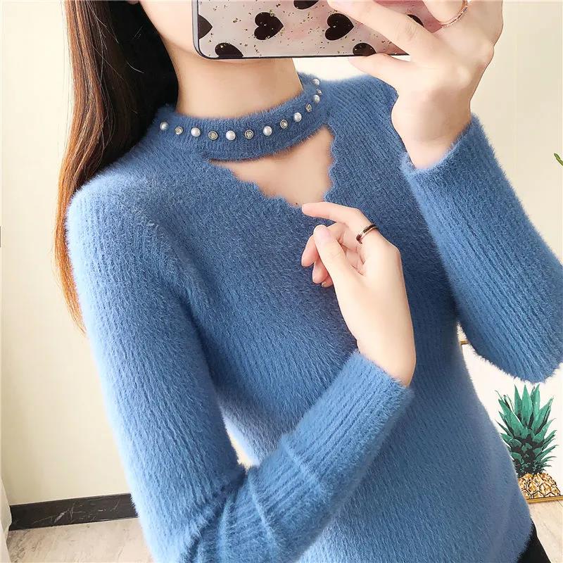 Faux Mink Fleece V-Neck Sweater Warm Slim Fit Pullover Women Fashion Plush Long Sleeve Sweater