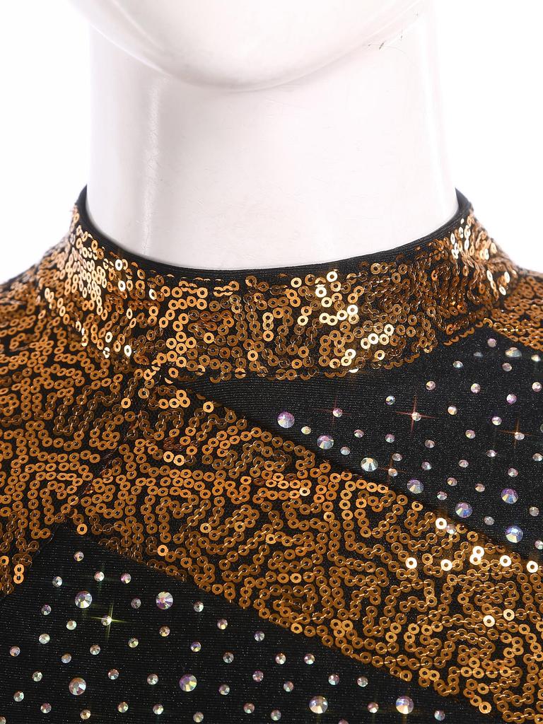 Двухкомпонентный сценический танцевальный наряд для женщин S-XXL: Топ с пайетками и воротником-стойкой и струящиеся брюки с разрезами по бокам, идеально подходят для соревнований