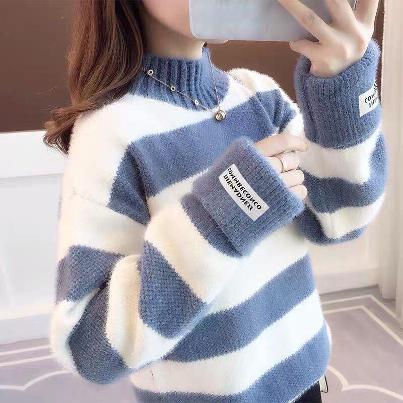 2023 Winter Thick Mink Fleece Stripe Sweater Women 4 Color Pullover Short Jumper Ladies Long Sleeve Half High Collar Tops Female