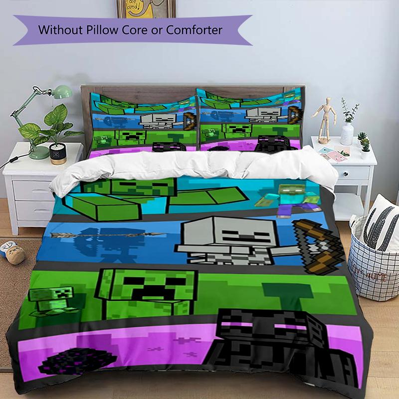 3pcs Duvet Cover Set (1*Duvet Cover + 2*Pillowcase, Without Core),Sandbox game Print Bedding Set, Bedroom Decor, All‑Season, Birthday Gift