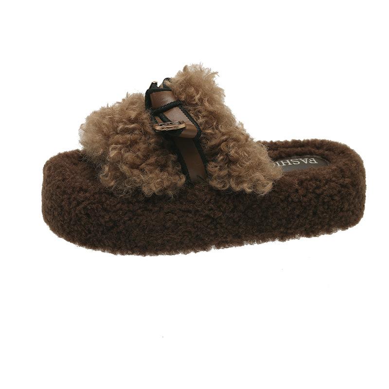 Модные короткие плюшевые хлопковые швабры 2025 осень новые универсальные повседневные пушистые тапочки женская уличная обувь маффин толстая подошва швабра на перемычке