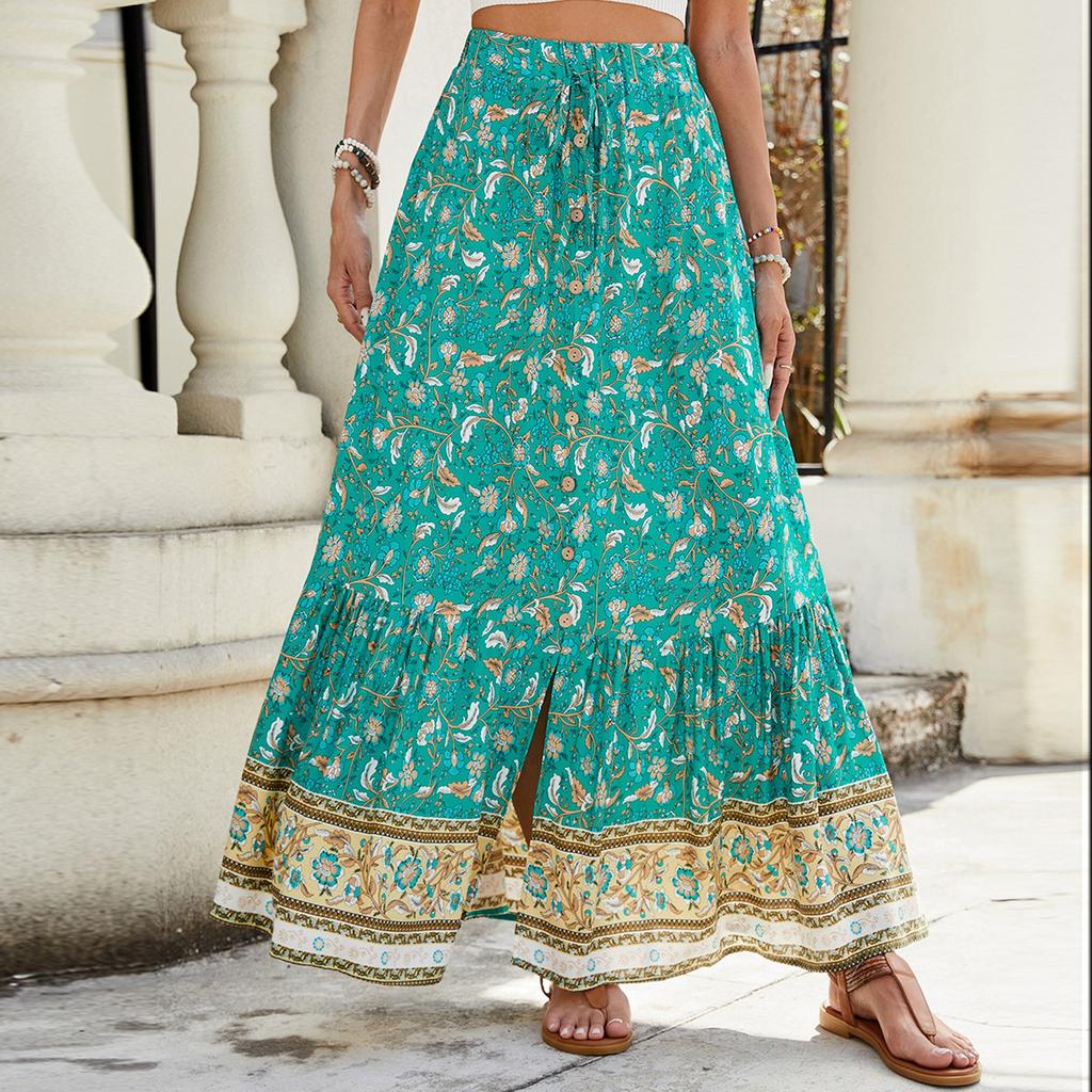 Женские юбки макси с цветочным принтом, летние платья-трубы, длинная плиссированная пляжная юбка А-силуэта