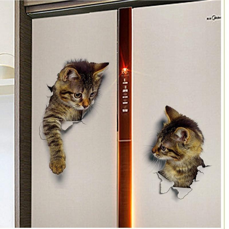 Прекрасная собака кошка туалетные наклейки 3D отверстие животные настенная живопись домашний декор постеры на холодильник