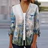 Women's Fashion Loose Casual Printed Seven-Part Sleeve Button Down Blouse Cardigan Top