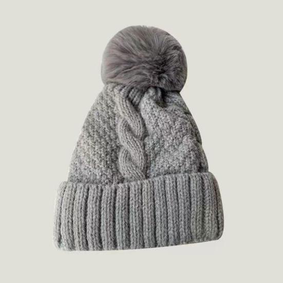 Unisex Winter Beanie Knitted Thick Folded Brim Solid Color Stretchy Pom-Pom Hat Ear Protection Piled Hat Windproof Cold Weather Warm Headgear